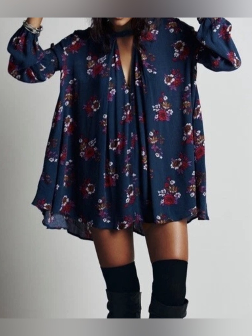 Free People Blue Green & Red Floral Swing Long Sleeve Mini Dress - Size S